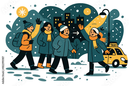 Urban Winter Wait. Street wait in snow. People in winter attire waiting for a taxi, footprints in snow, soft