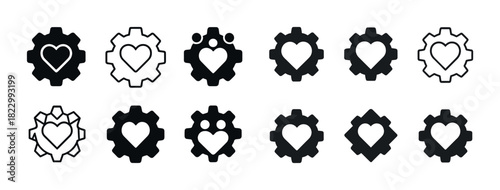 Gear and heart icon set: diverse styles and designs