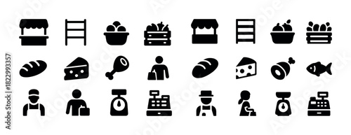 Market icons: food, shopping, vendors, produce, cashier tools