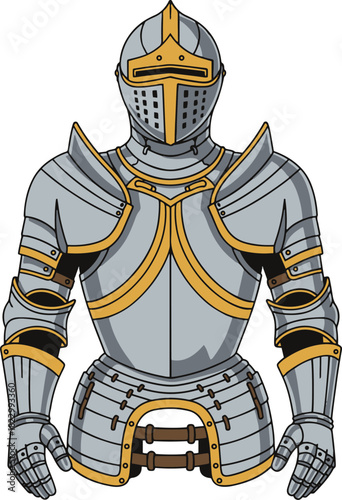 A flat vector illustration of a medieval knight's suit of armor featuring silver plating with decorative gold trim, a visored helmet, and gauntlets,