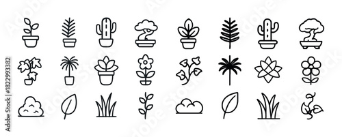 Variety of minimalistic potted plant line icons collection