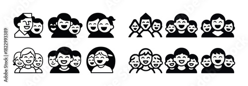 Diverse cartoon smiling faces icons: men, women, children in various styles