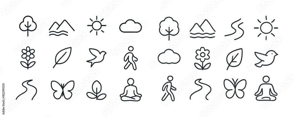 Obraz premium Minimalist nature and yoga icons: trees, mountains, sun, clouds, flowers, leaves, butterfly, meditation, walking