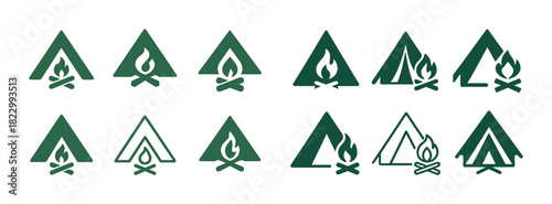 Set of triangle campfire and tent icons for outdoor camping activities