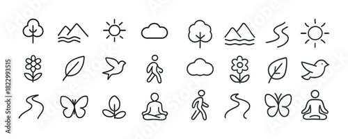 Minimalist nature and yoga icons: trees, mountains, sun, clouds, flowers, leaves, butterfly, meditation, walking