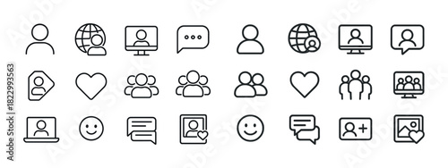 Minimalist communication icons set featuring user profiles and chat symbols