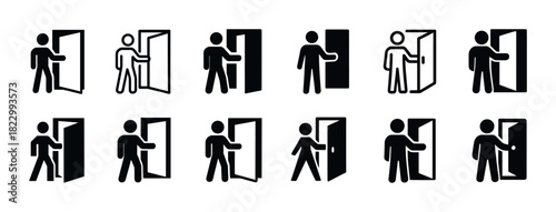 Silhouette icons of diverse figures interacting with doors