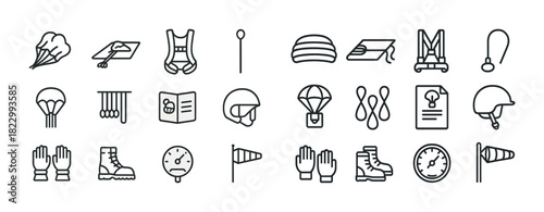 Skydiving and parachuting equipment icons set in line art style