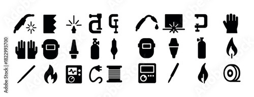 Black welding icons set: helmet, torch, gloves, flame, tools