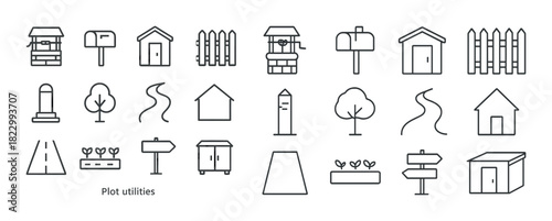 Outline icons of plot utilities: mailbox, fence, well, signpost, trees, road elements