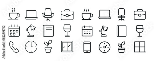Minimalist office icons set featuring coffee, laptop, chair, calendar, and more
