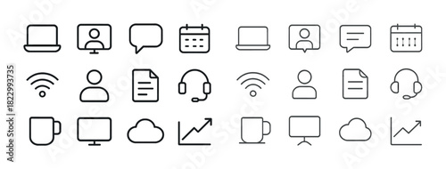 Minimalistic office icon set: technology, communication, productivity symbols