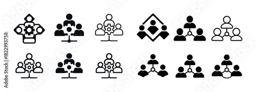 Teamwork icons set featuring gears and people in various collaborations