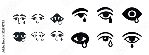 Various crying eye expressions icon set in black and white