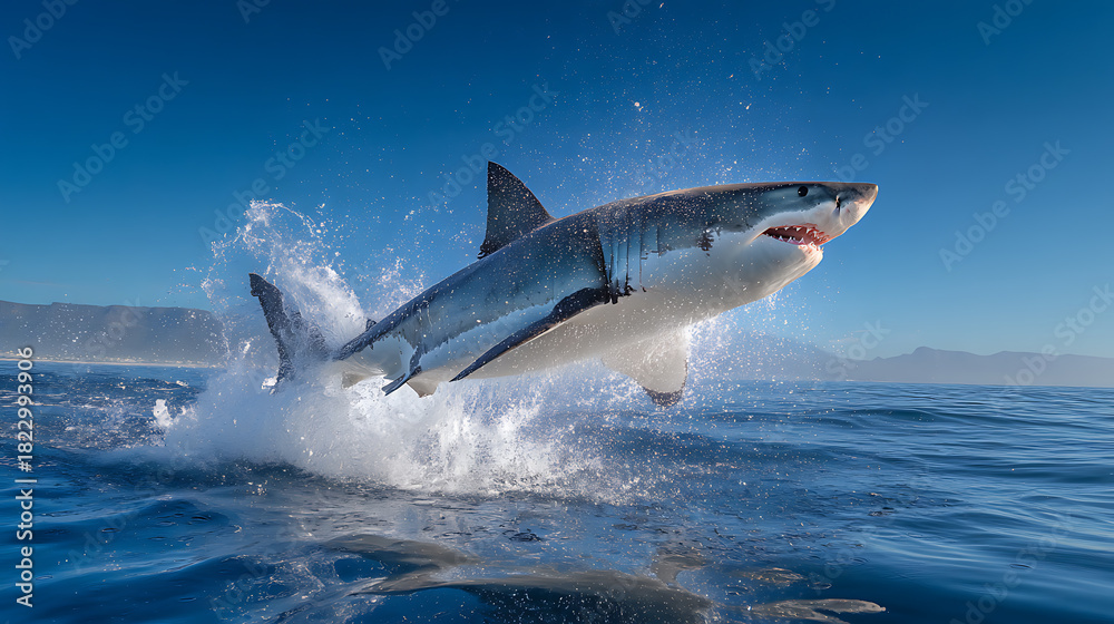 Fototapeta premium A large white shark floats in mid-air above the water