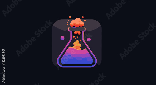 A vibrant, modern digital illustration depicts a scientific experiment in a conical flask, showcasing colorful liquid and energetic orange bubbles overflowing.