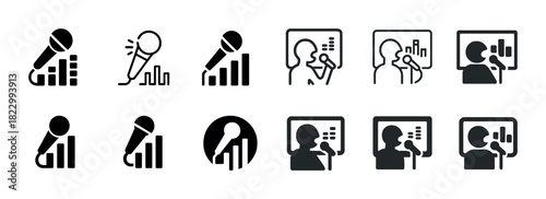 Microphone and presentation icons: charts, speakers, and communication symbols