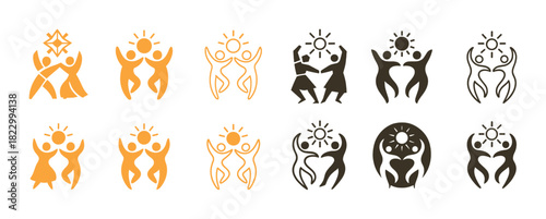 Abstract human figures with sun symbols in various dance poses