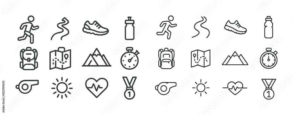 Naklejka premium Running and hiking icons set: shoes, backpack, stopwatch, map, medal