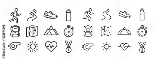 Running and hiking icons set: shoes, backpack, stopwatch, map, medal