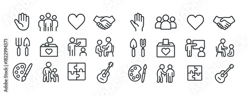 Line icons of community, education, and art featuring people, hands, and objects