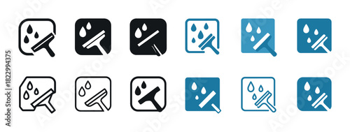 Squeegee and water drop icons collection in monochrome and blue variants
