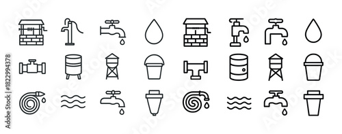 Water supply icons: taps, buckets, pumps, pipes, storage, and wells