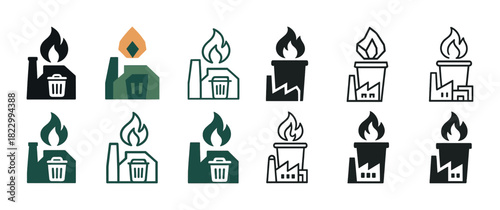 Collection of industrial factory icons with flames illustrating pollution