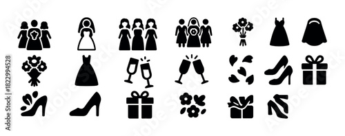 Wedding icon set: dresses, bouquets, shoes, gift boxes, celebrations