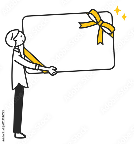 ギフトカードを持つ男性・メッセージを添えるお祝いのイメージ