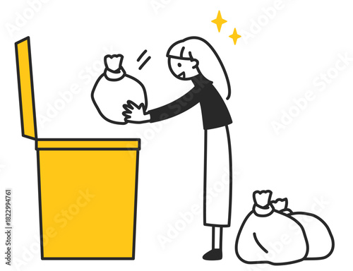 大きなゴミ箱にゴミを捨てる女性・断捨離や整理整頓のイメージ