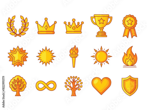 Honor Emblems Collection. Honor symbols isometric set. laurel wreath, crown, trophy, medal, ribbon, starburst, glowing star, guiding torch, radiant sun, flame of victory, infinity