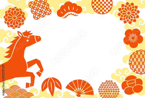 跳ねる馬と赤い和風の飾りと金雲のフレーム