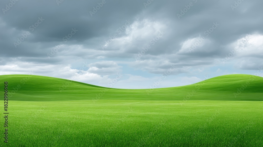Fototapeta premium Lush Green Hills Under a Dramatic Cloudy Sky with Soft Light and Vibrant Grass, Reflecting Nature's Serenity and Peaceful Atmosphere in a Rural Landscape