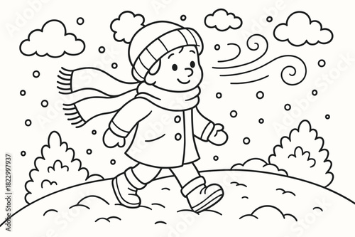 Windy Day Coloring. Cozy windy day children?s coloring book illustration, outlined drawing, person with wool