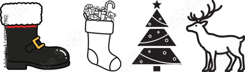 Black and White Christmas Holiday Icons Set with Festive Elements