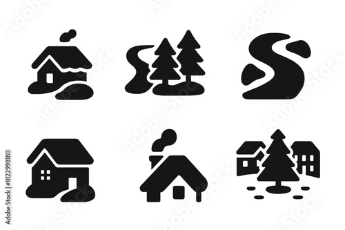 Winter Icon Set. Winter aerial view. Filled icon set of winter aerial view: snow-covered roofs, winding