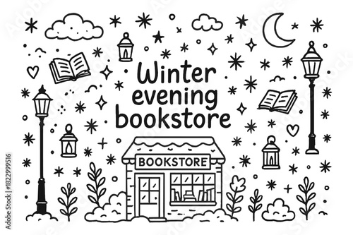 Winter Bookstore Magic. Winter evening bookstore. Hand-drawn doodle illustration of Winter evening bookstore.