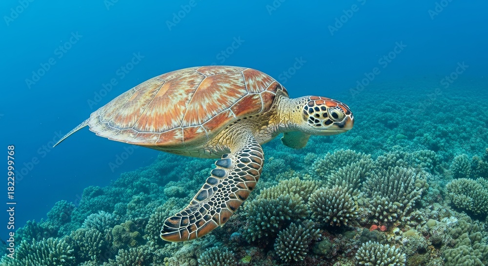 Fototapeta premium Green Sea Turtle Swimming Gracefully Over Vibrant Coral Reef in Tropical Ocean.