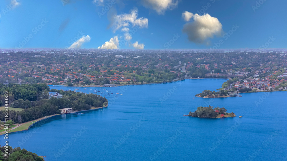 Fototapeta premium Aerial Panorama Drone view of Parramatta River Sydney Harbour between Balmain Gladesville Birkin Head Point and Roselle on the Bay Run Sydney NSW Australia