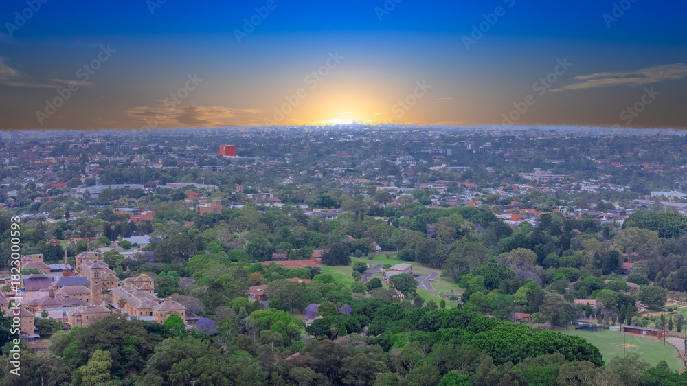 Fototapeta premium Aerial Panorama Drone view of Parramatta River Sydney Harbour between Balmain Gladesville Birkin Head Point and Roselle on the Bay Run Sydney NSW Australia