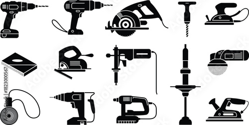 Silhouettes Set of Power Tools, Including Drills, Saws, Grinders, and Sanders, Ideal for Construction, Home Improvement, and Repair