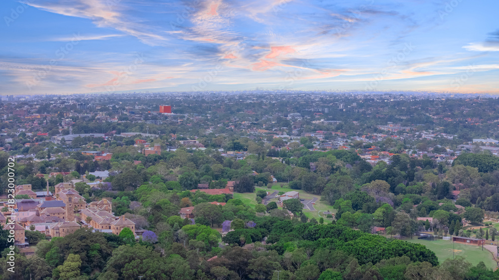 Obraz premium Aerial Panorama Drone view of Parramatta River Sydney Harbour between Balmain Gladesville Birkin Head Point and Roselle on the Bay Run Sydney NSW Australia