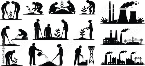 Planting and Pollution: Environmental Contrast Silhouette Vector Collection of People Gardening and Industrial Factory Emissions.