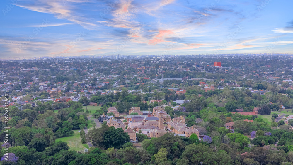 Fototapeta premium Aerial Panorama Drone view of Parramatta River Sydney Harbour between Balmain Gladesville Birkin Head Point and Roselle on the Bay Run Sydney NSW Australia