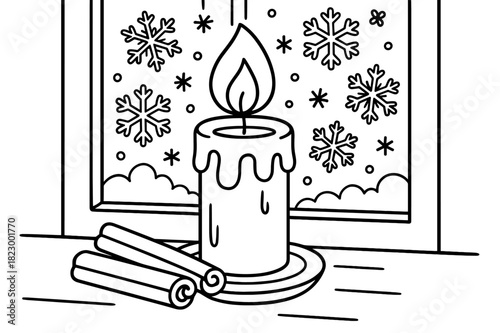 Winter Candle Coloring. Winter candle scene children?s coloring book illustration, outlined drawing, burning