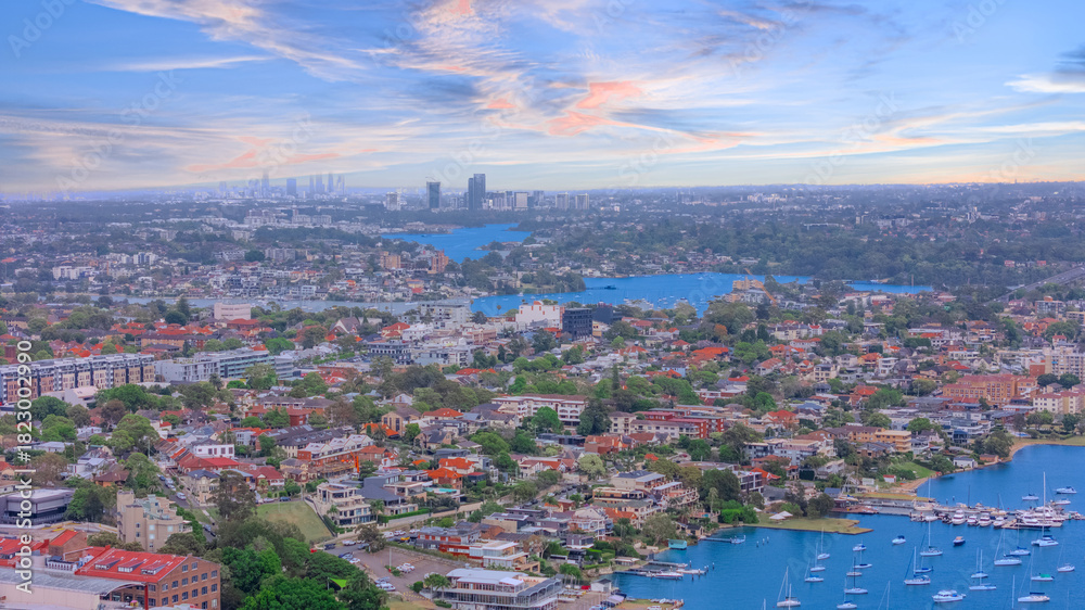 Fototapeta premium Aerial Panorama Drone view of Parramatta River Sydney Harbour between Balmain Gladesville Birkin Head Point and Roselle on the Bay Run Sydney NSW Australia