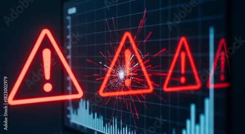 Warning signs disrupting a data graph, symbolizing business risk and failure.