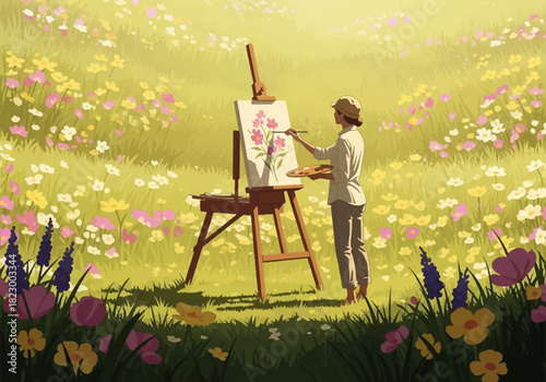 Artist Painting In Flower Field Vector Illustration – Sunny Meadow Landscape With Easel And Wildflowers