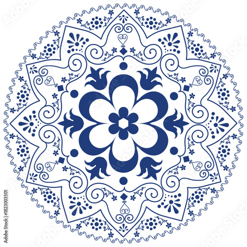 Circular Talavera Pattern with Floral Motifs. Traditional Blue and White Design for Ceramics, Tiles, and Home Decor.